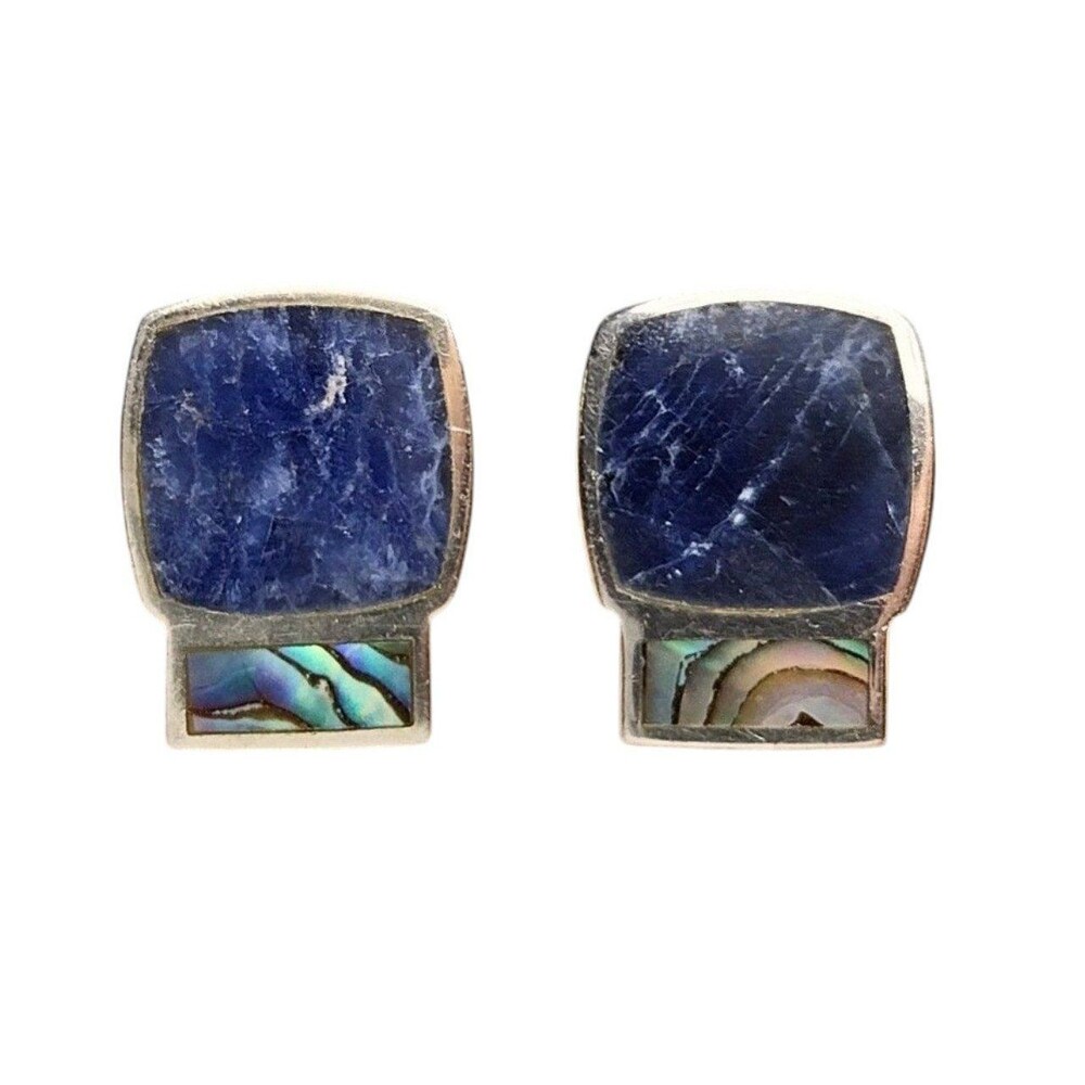 Signed SU Thailand Sterling Silver Lapis Abalone Earrings Modernist Geometric